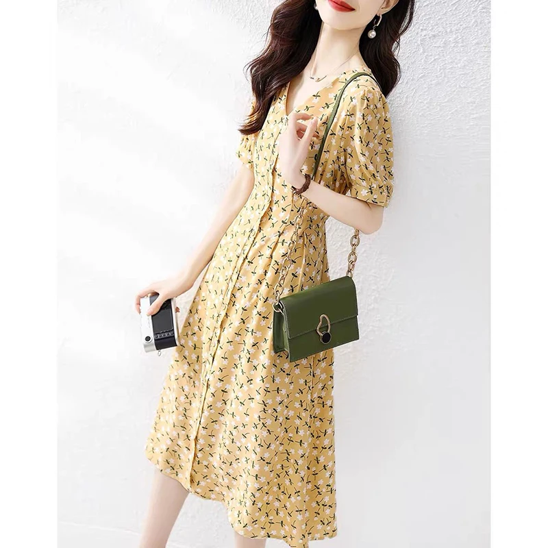 Fashion V-Neck Button Printed Bandage Puff Sleeve Floral Dress Women's Clothing 2024 Summer New Loose Office Lady Elegant Dress