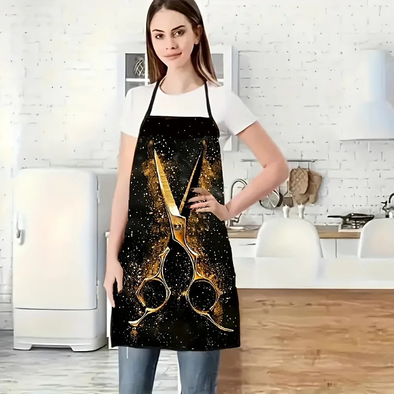 Stylish Scissors Print Work Apron - Golden & Black Sparkle Design, Durable for Salon/Garden/Cooking