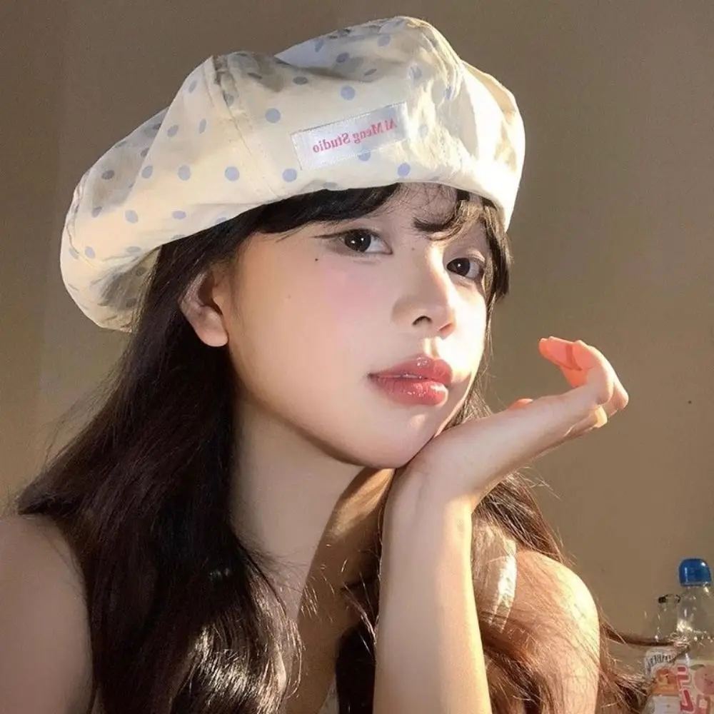 New Japanese Blue Polka Dot Beret Versatile Big Head Literary Painter Hat Sweet Spring Summer Thin Dome Star Anise Cap