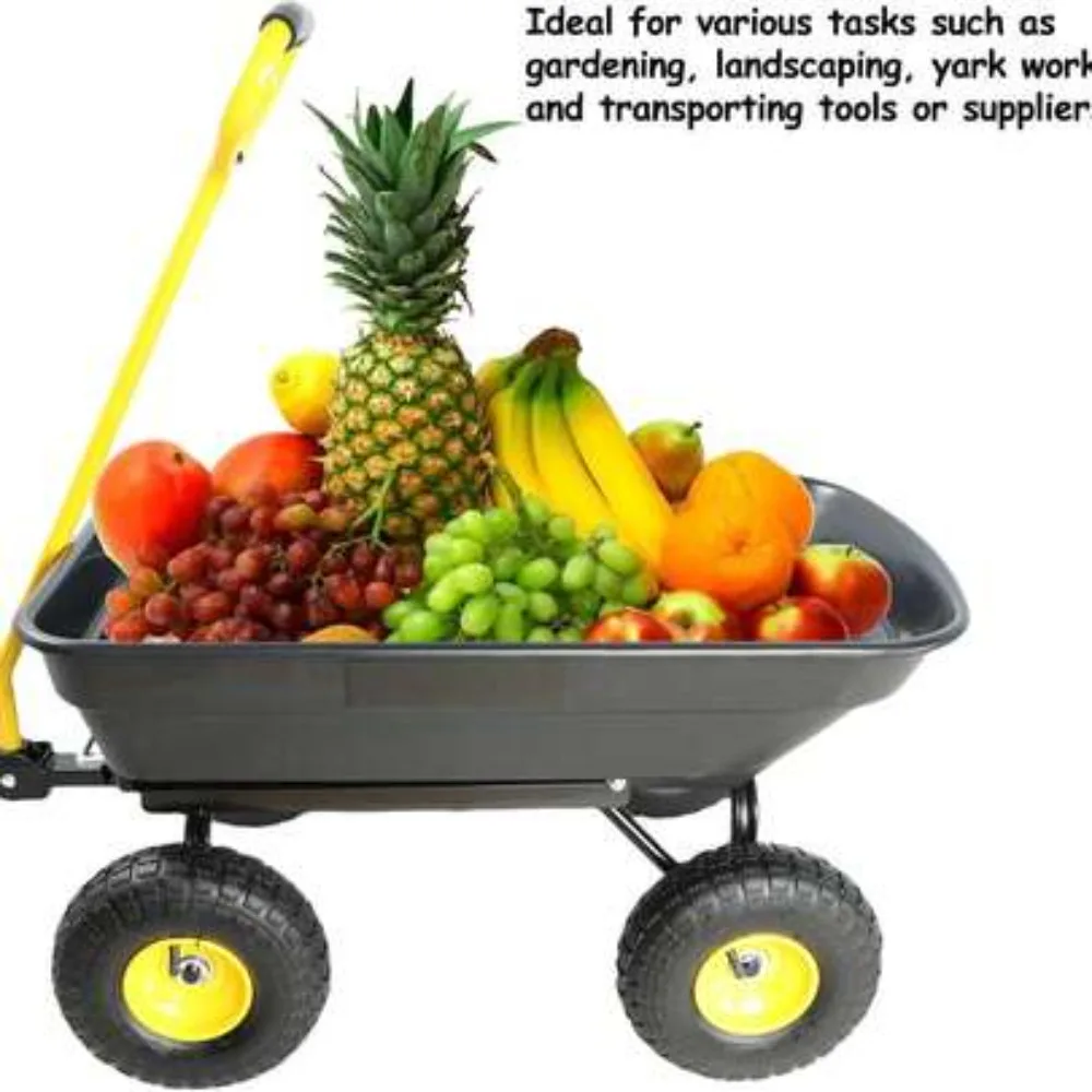 Garden Cart Yard Wagon 300 Lb Capacity Dump Utility Cart on Wheels, 55L Steel Frame Outdoor Gardening Cart with 10 Inch Pneumatic Tires, Heavy Duty Lawn and Garden Wagon for Hauling Soil Mulch Tools, Easy Dump Tray