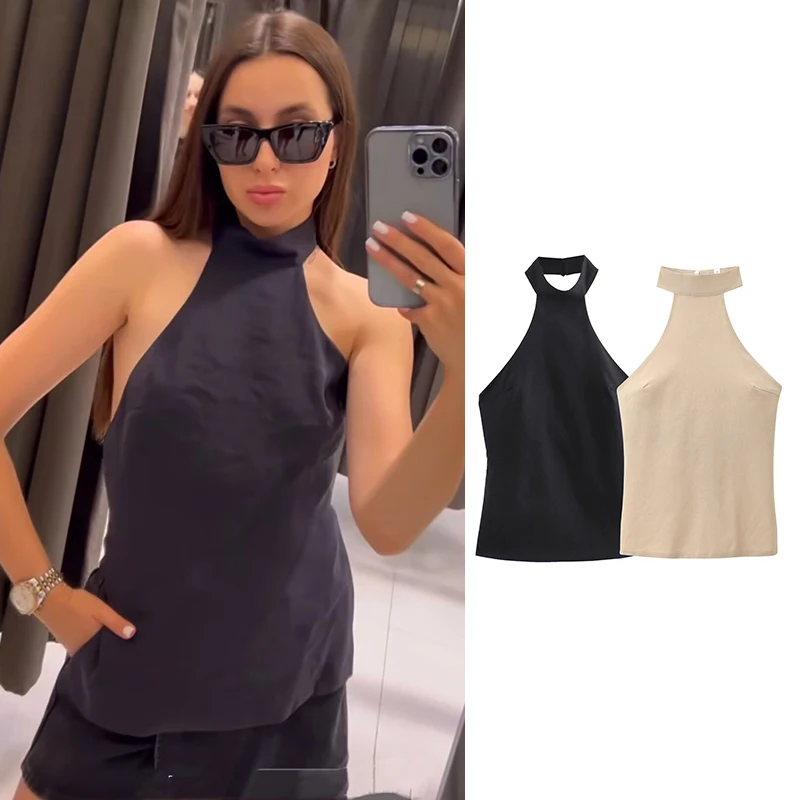 TRAF Women's Tops Summer 2024 New Tank Tops Chic Neck-Hanging Fashion Holiday Elegant Top Sexy Young Student Top