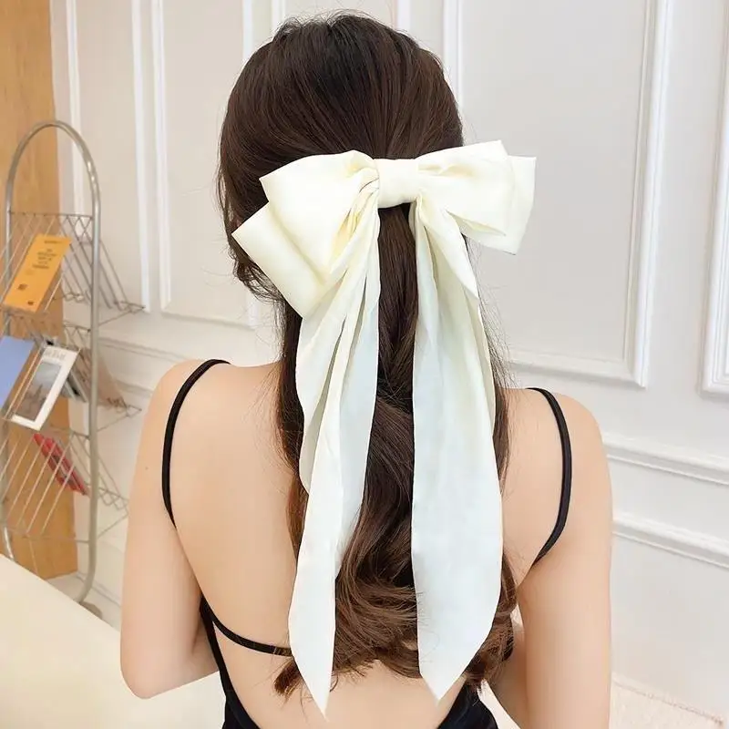 Koreanische Accessoires Haarspangen für Frauen und Mädchen, große Schleife aus festem Satin, lange Bandschleifen, Federklemme, Haarspange für Damen 2026 – Detail 1