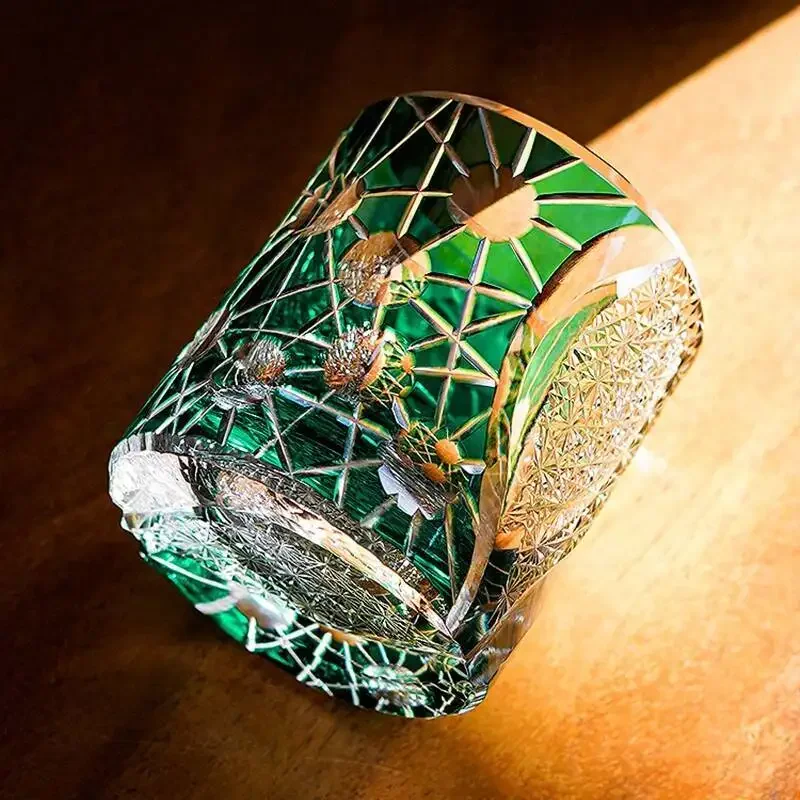 

Star Shine Japan Edo Kiriko Wineglass Starlight Luxury Whiskey Glass Hand Grave Green Crystal Art Craft Liquor Wine Cup Gift Box