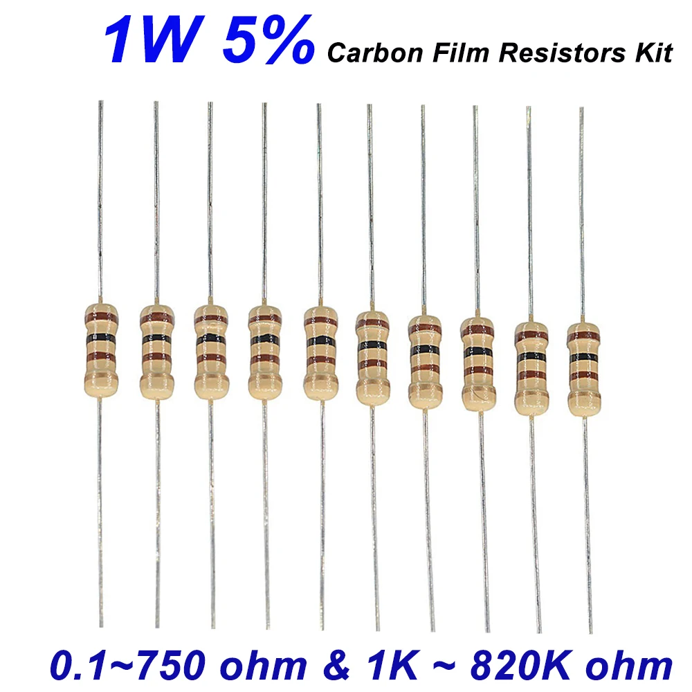 

300 шт. 5% комплект резисторов 1 Вт, 30 значений X 10 шт., набор резисторов из углеродной пленки, сопротивление 0,1 ~ 750 Ом, 1 к ~ 820 кОм