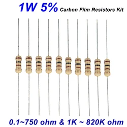 300PCS 5% 1W Resistor Kit 30 Values X 10pcs Carbon Film Resistors Set 0.1~750 Ohm, 1K ~ 820K ohm Resistance