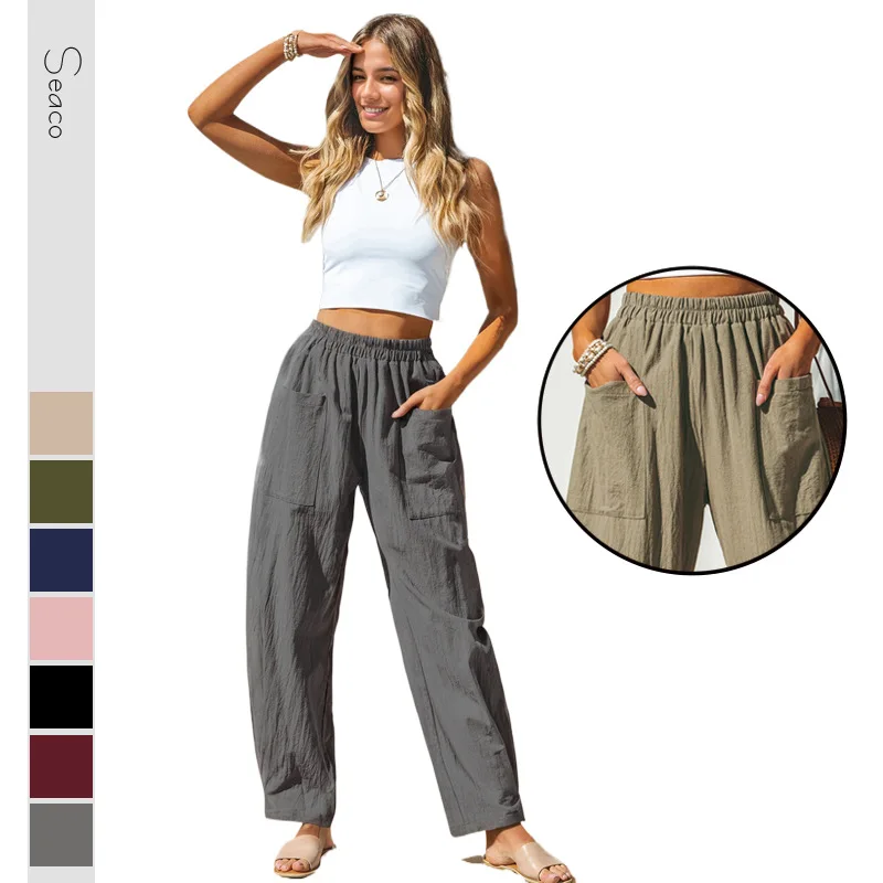 

Cotton Linen Casual Pants with Pockets for Women Elastic Waist Pants Overalls Loose Elastic Waist Trouser Cropped Wide Leg Pants