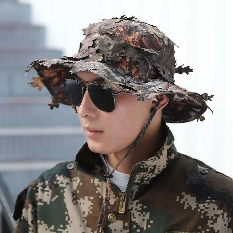 New Camouflage Effect 3D Leaves Casual Quick Drying Hunting Hat Polyester Tactical Outdoor Sport Flat Cap Sun Protection Boonie