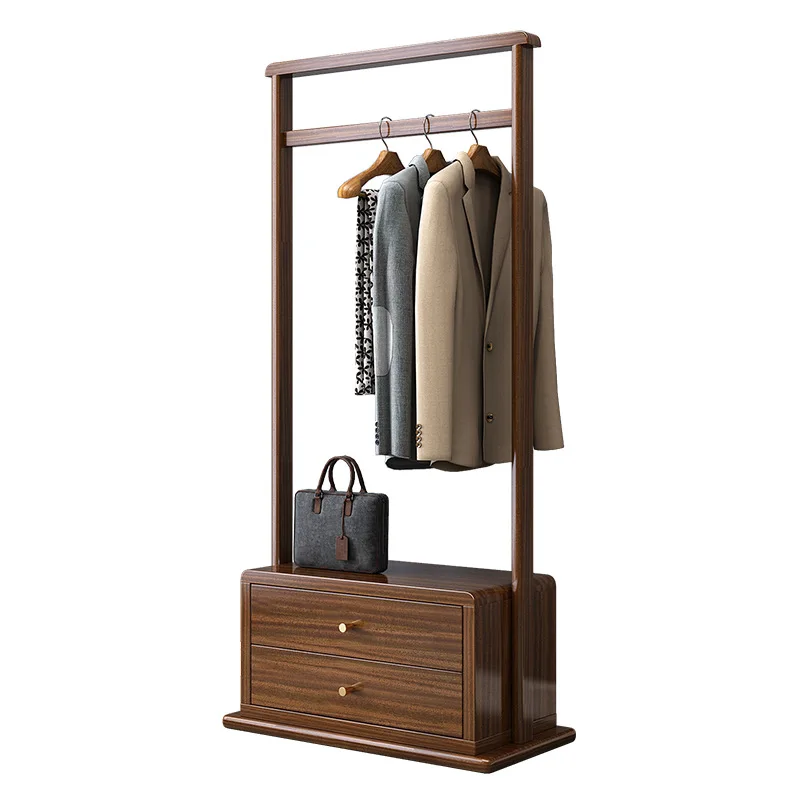 Solid wood coat rack, floor-to-ceiling walnut light luxury simple household new Chinese-style clothes rack with drawers