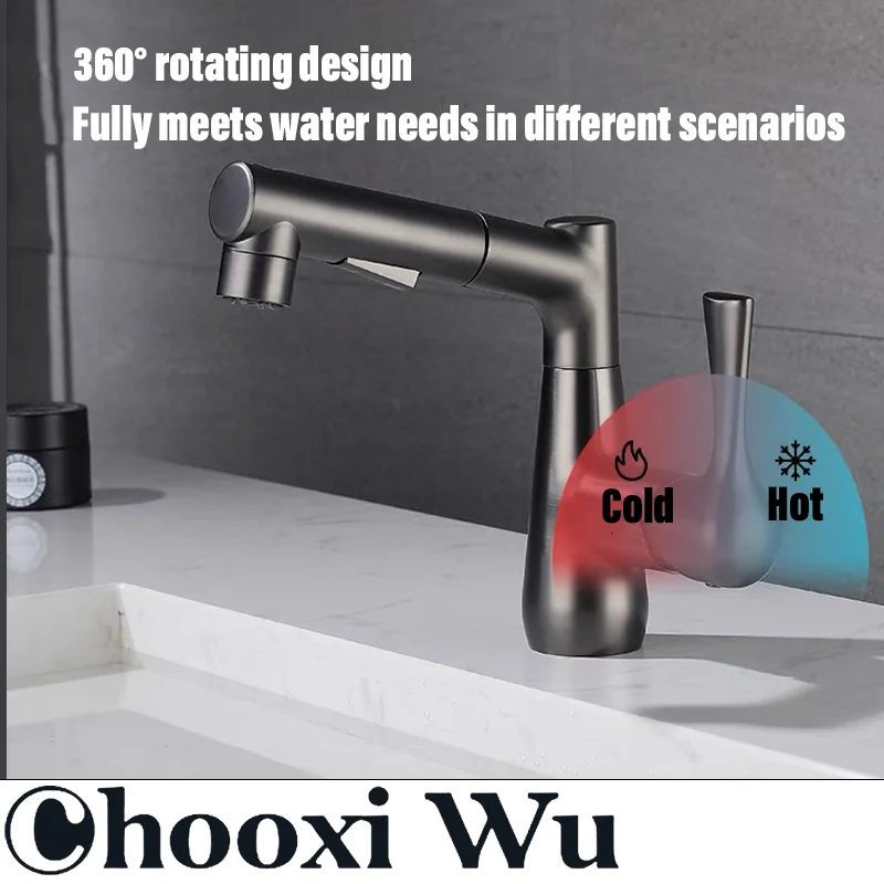 CHOOXIWU-rubinetto estraibile multifunzionale per lavabo, rotazione di 360 °, doppio controllo caldo e freddo