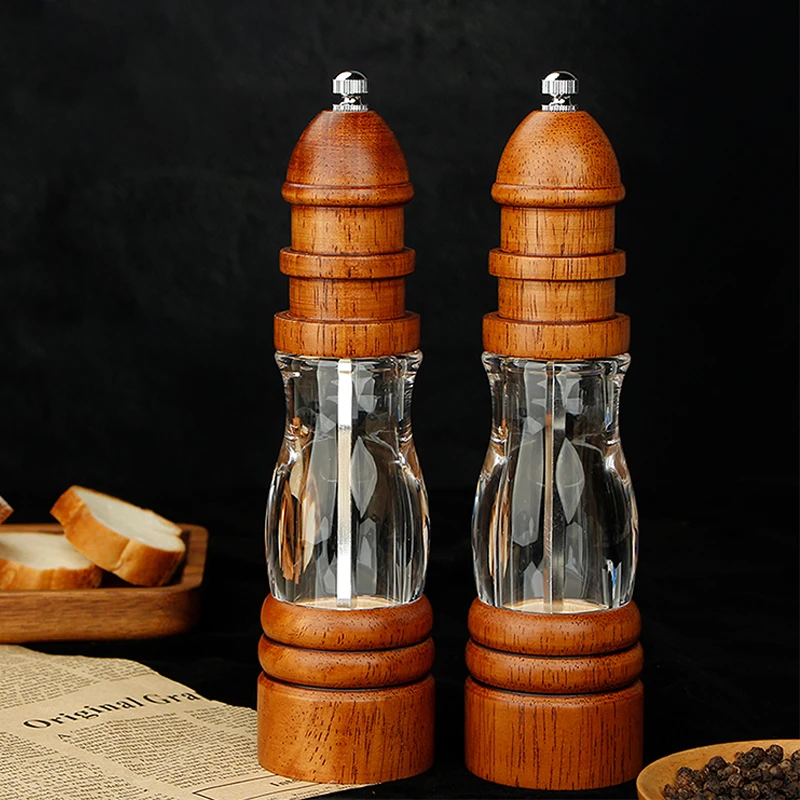 8-Zoll-Salz- und Pfeffermühle aus massivem Holz mit starkem, verstellbarem Keramikmahlwerk und Acrylgehäuse.