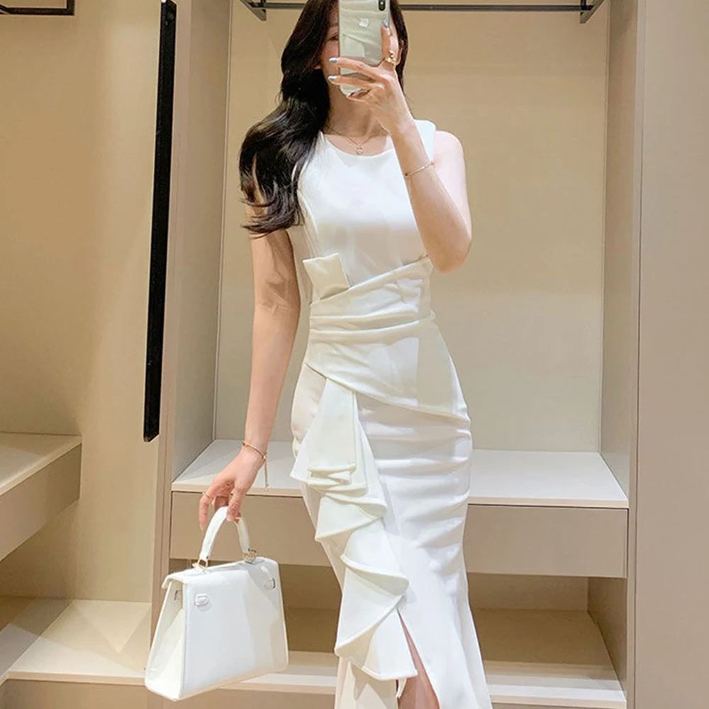 Summer New Fashion Korean Style Sleeveless White Dress Women Elegant Office Ladies Ruffle Solid O-neck Slim Fish Tail Long Dress