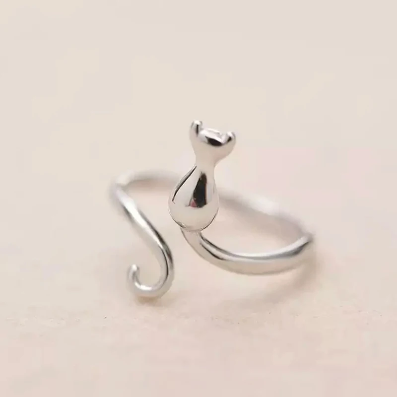 Huitan Silver Color Cat Ring for Women Opening Resizable Animal Rings Simple Stylish Girls Accessories Fashion Versatile Jewelry image 3