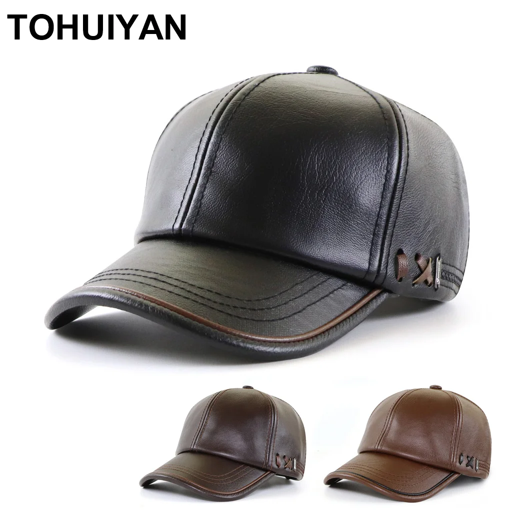 [TOHUIYAN] Top Level Winter Cap Faux Leather Baseball Caps Men Dad Hat Casquette Gorras Para Hombre Adjustable Warm Hats For Man