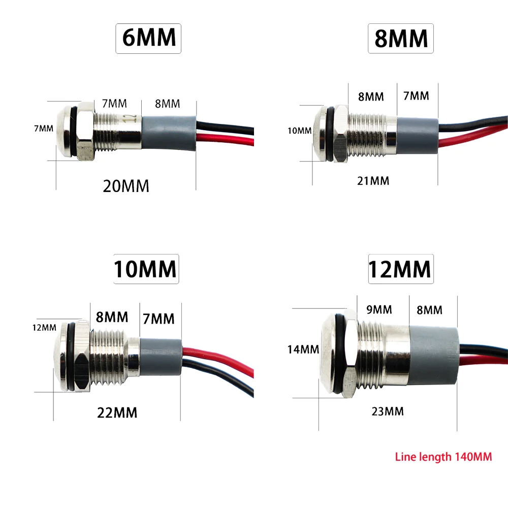 Voyant LED en métal étanche IP67, lampe de signalisation, fils pilotes, interrupteur, 6mm, 8mm, 10mm, 12mm, 3V, 5V, 12V, 220V, rouge, bleu, blanc