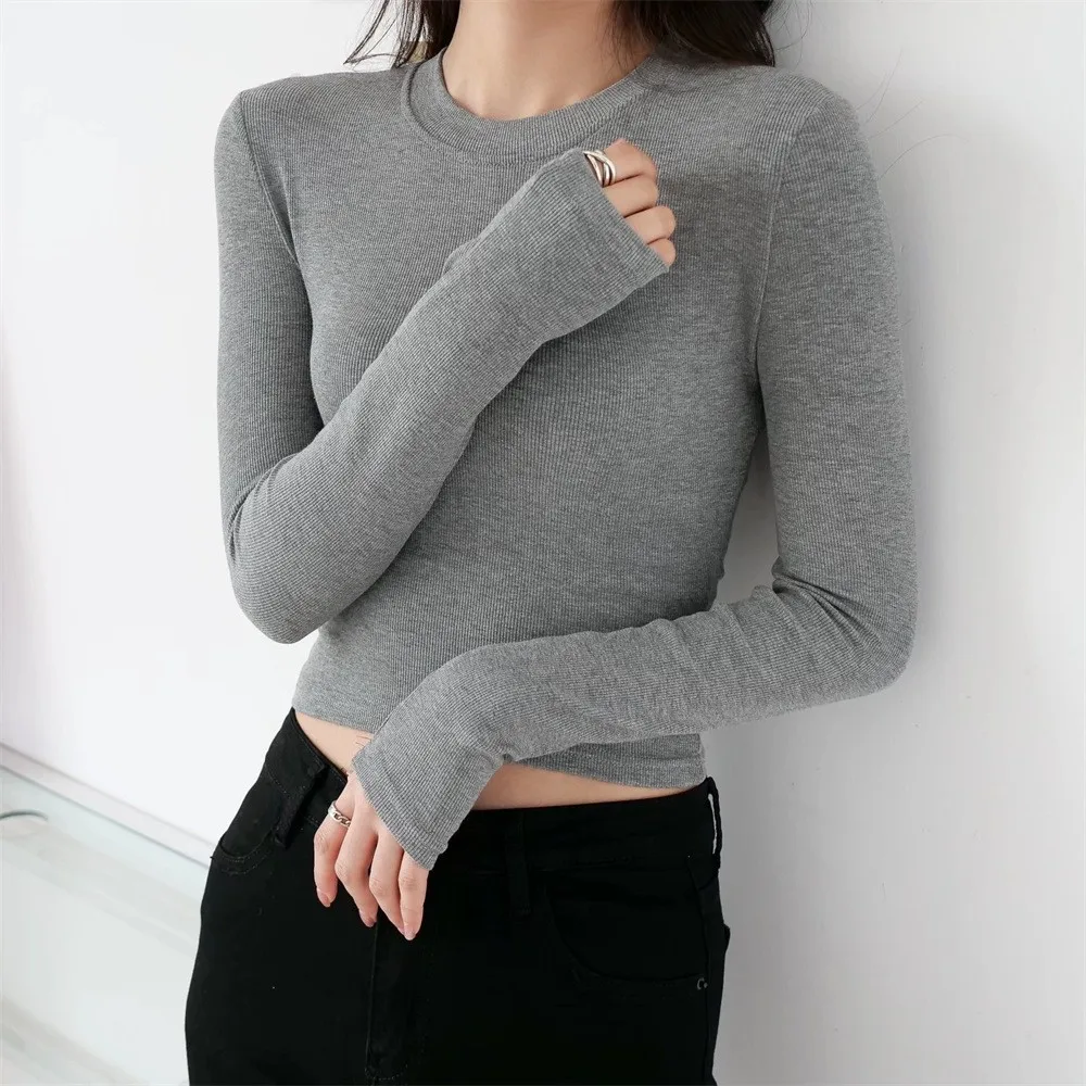 Cseta Corta de Manga Larga con Cuello Redondo y Corte Ajustado, Cseta Básica de Moda Femenina, Estilo Básico YPFF Net F...