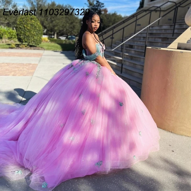 

EVLAST Mexican Pink Quinceanera Dress Ball Gown Shiny Lace Applique Beading Crystals Corset Sweet 16 Vestido De 15 Anos TQD372