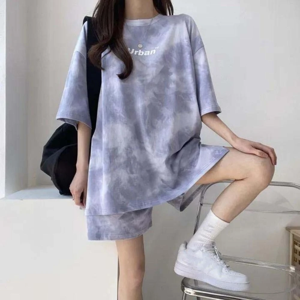 

Soft Letter Two-piece Tracksuit Tie-dye Thin Short Sleeve T-shirt Shorts Large Size Ins Casual Clothings Women Sports