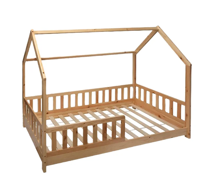 ！@New Solid Pine Wood Durable Kids Boy Girl Montessori Platform Cabin Bed Frame With House Shape Top