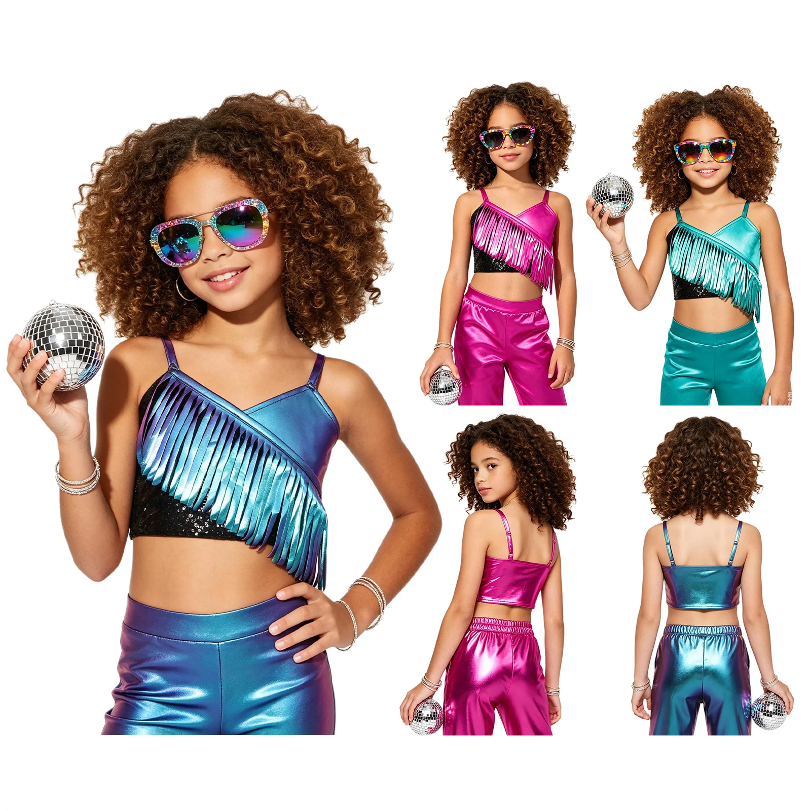 Kids Girls Jazz Disco Dance Costume Adjustable Sleeveless Metallic Tassels Crop Top Vest Cami for Themed Party Stage Performance