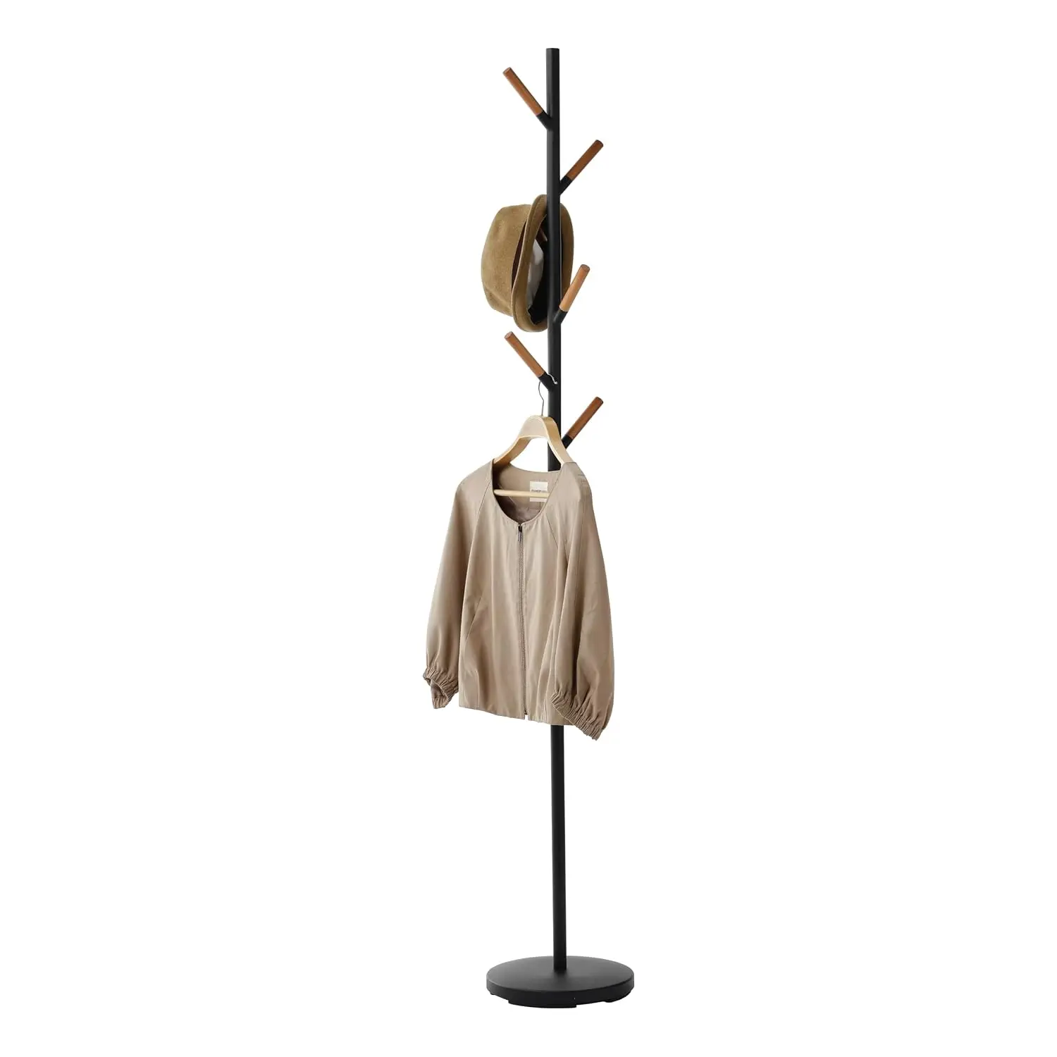 Freestanding Coat Rack Stand with Wooden Hooks for Entryway, Weighted Base, Steel, Black, Easy Assembly, Customized