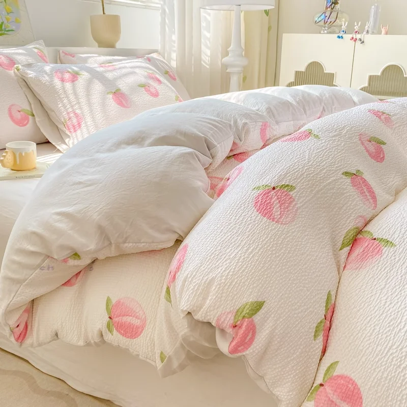 Girl's Heart Instagram Pink Peach Style Bubble Bubble Gauze Non Pure Cotton Bed Sheet and Duvet Set of Four Pieces