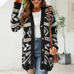 Women's Autumn and Winter Fashion V-neck Jacquard Button Pocket Long Sleeve Loose Medium Length Sweater Knitted Cardigan Tops