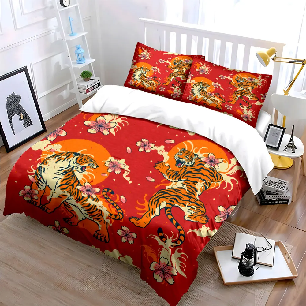 Tigers with cherry blossoms and rising sun Printed Duvet Cover Set1 Duvet Cover+2 PillowcaseMulti Size Bedroom Bedding Decor