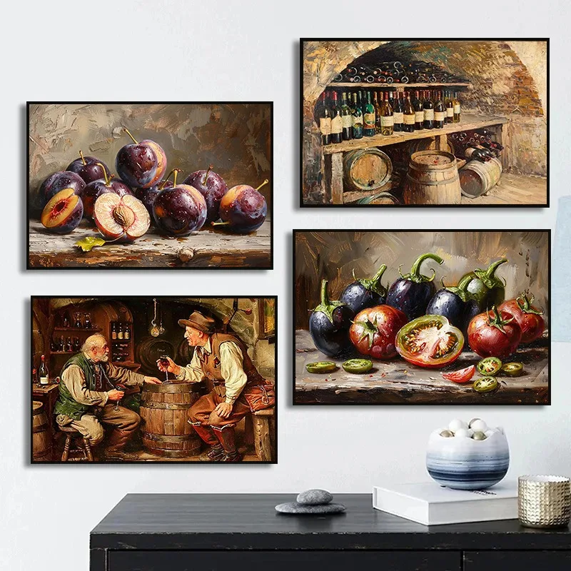 1pc frameless Canvas Painting Vintage Wine Cellar Scotch Whiskey and Cigar Fruit Food Poster and Prints Canvas Printing Wall Art