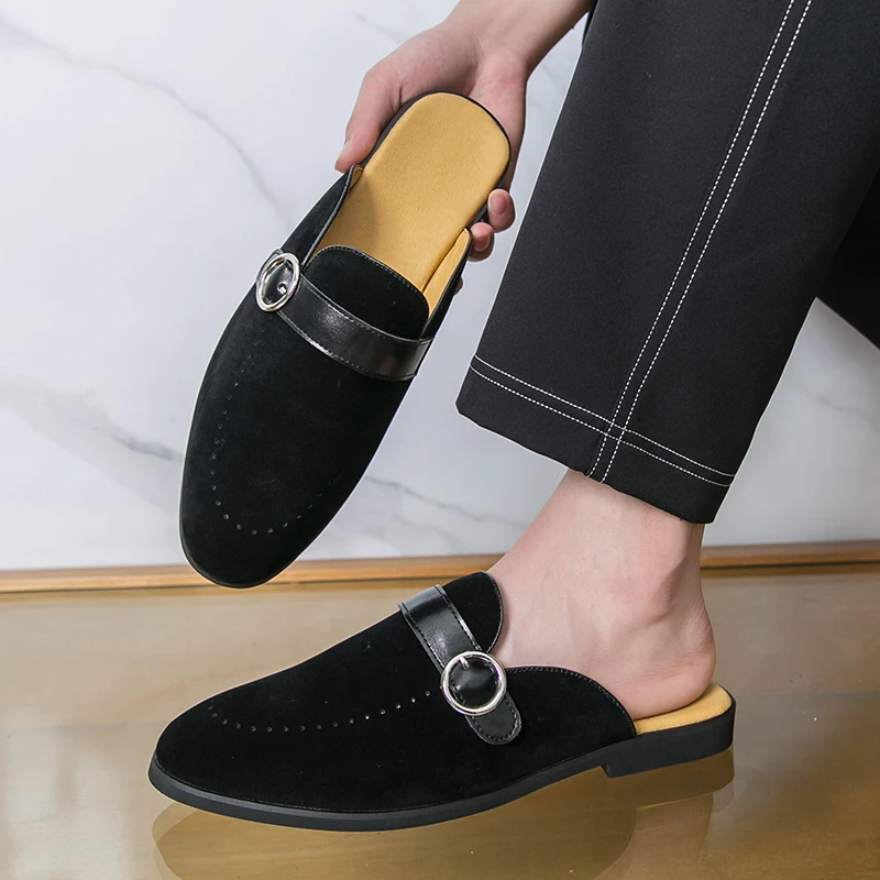 Plus Size 46 Mules Men's Half Slippers Suede Leather Slip On Flats Male Backless Dress Casual Shoes Moccasins Open-back Loafers