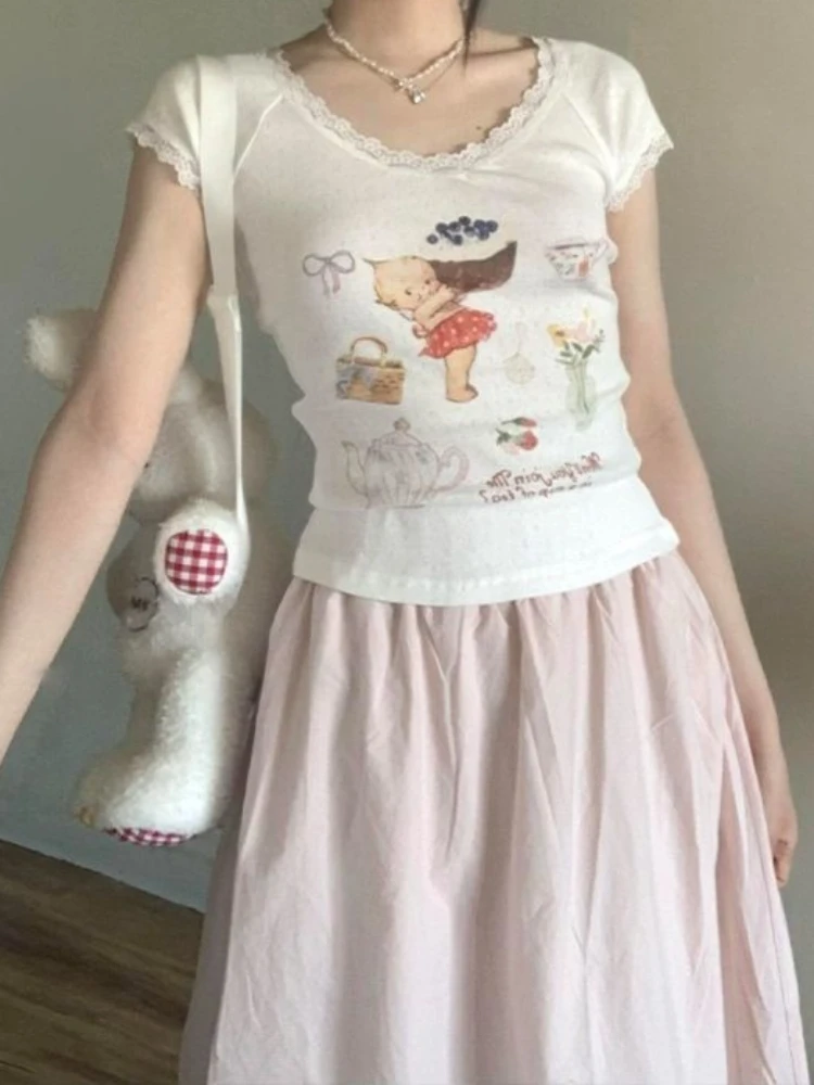 

HOUZHOU Womens Fitted Round Neck Top Lace Trim Cartoon Print Sweet Slimming Short Sleeve T-Shirt Summer Y2K Cropped Top