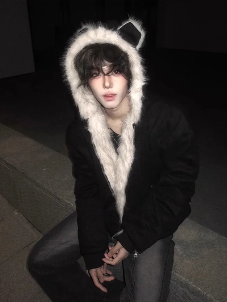 

American Sle Ear Hooded Cotton Jaet Men's Winter Coat Cleanfit Bla Couple's Cotton Clothing Stand Fit Zipper Decor