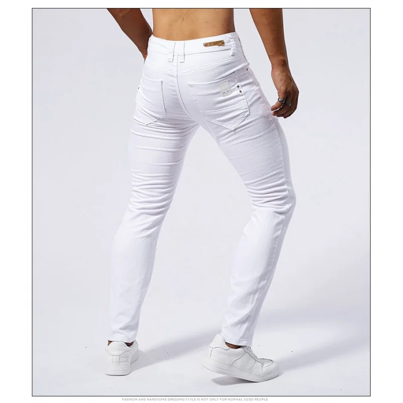 

Джинсы мужские облегающие, тонкие эластичные Простые брюки для фитнеса, Модные узкие длинные брюки, чистый белый цвет, на лето