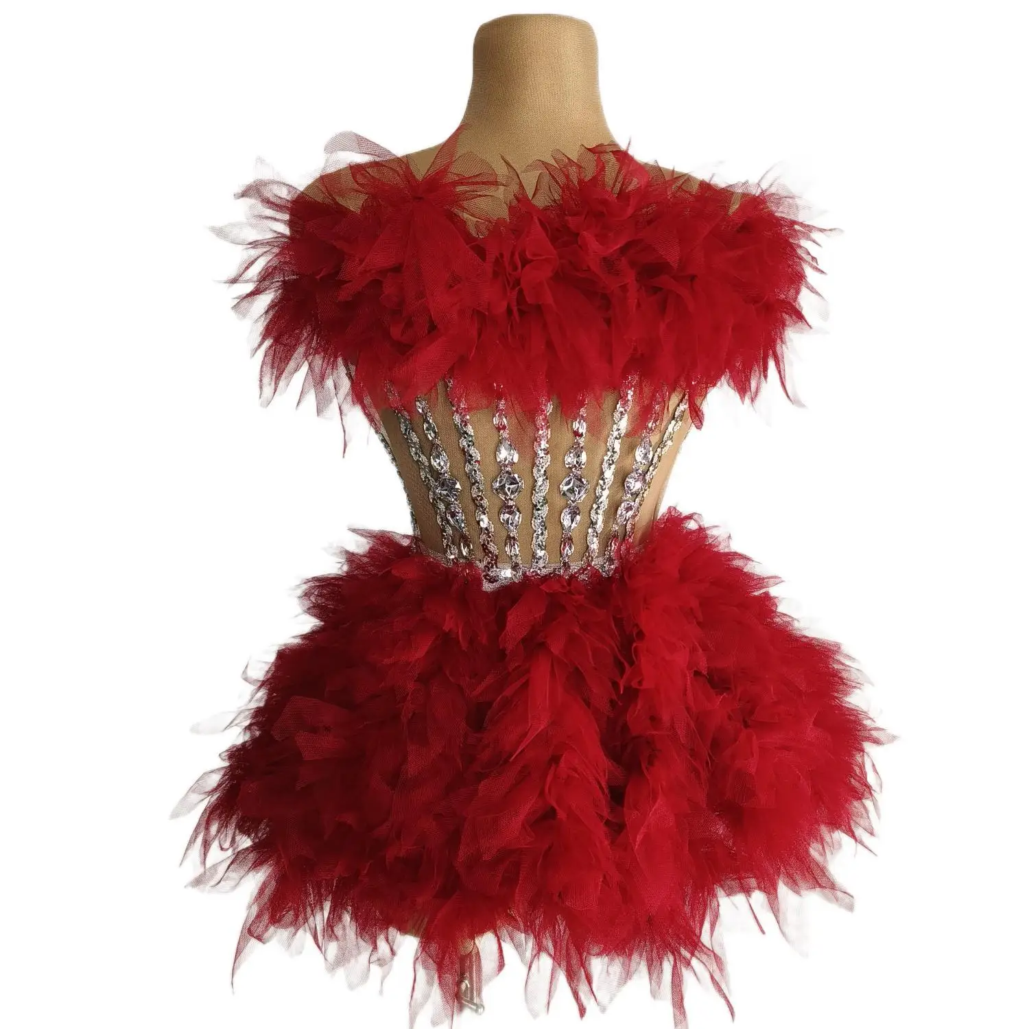 Vestido curto de lantejoulas com strass cintilante feminino, top vermelho de tubo, baile de formatura de celebridades, show de cantores