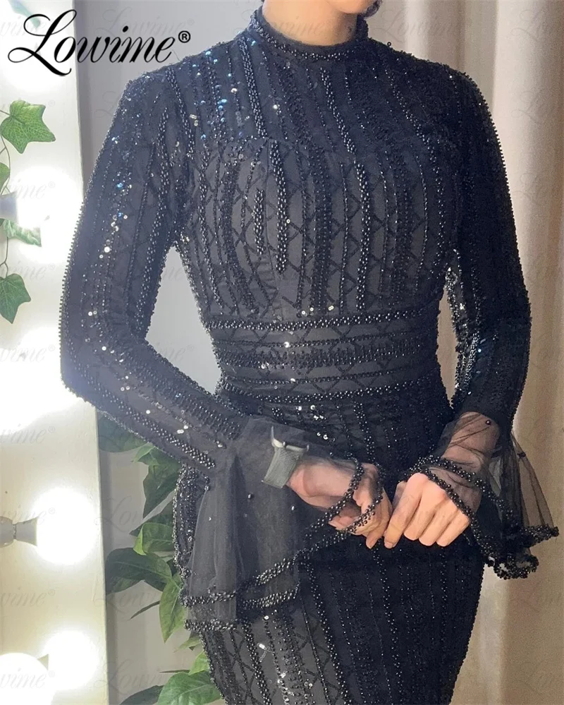 Dubai Arabic Black Evening Dress Long Sleeves Mermaid Aso Ebi Party Gowns 2024 Customize Beaded Prom Dresses For Weddings Robes