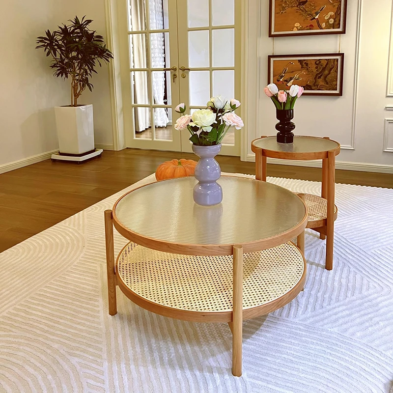 Luxury  Coffee Table Round Vintage Trendy Glass Top Coffee Table Storage Minimalist Unique Living Room Coffee Table Furniture