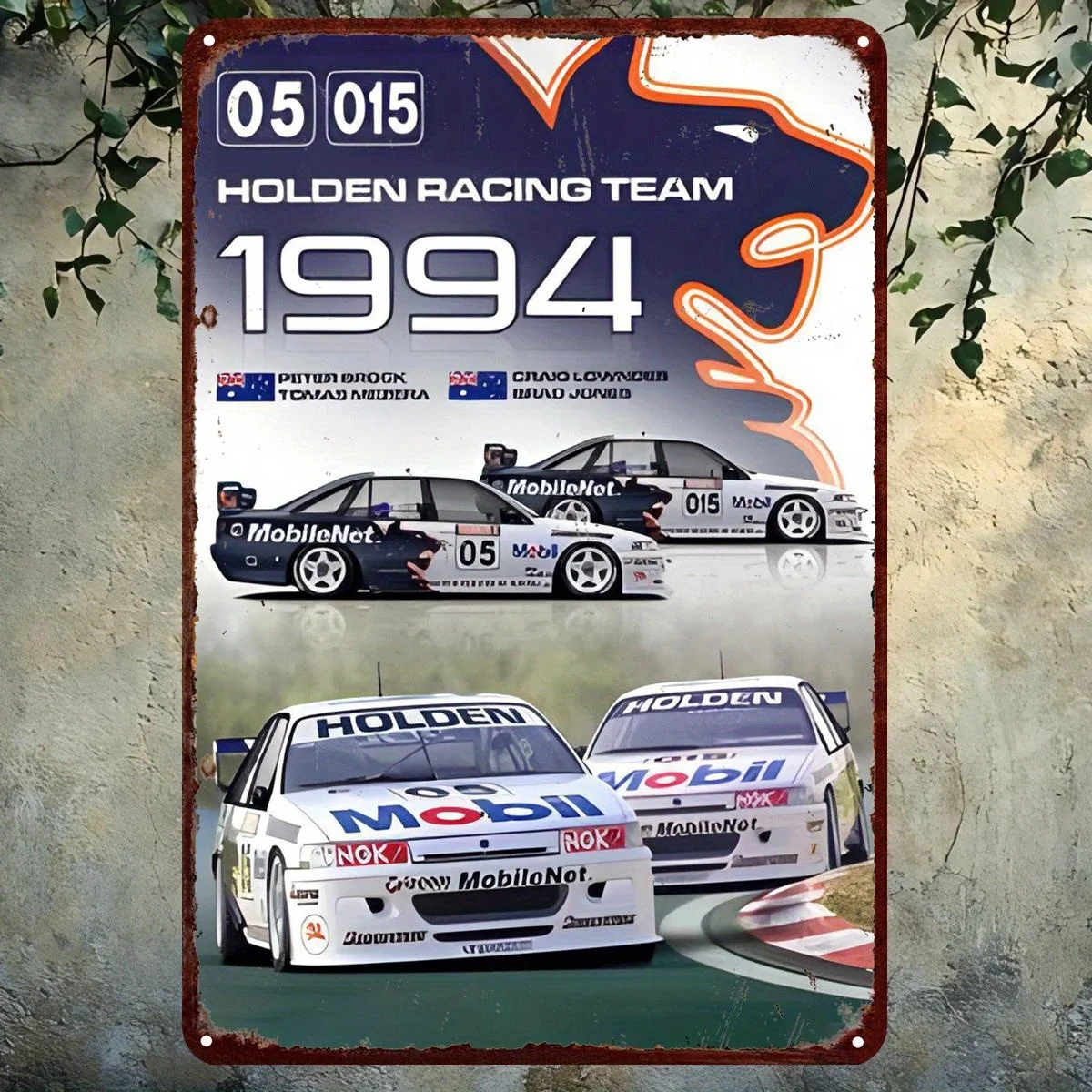 1 Vintage Racing Team 1994 Metal Sign - Peter Brock,Greg Hawker Cars with Mobil,Shell Sponsor Logos,  Classic Wall Decor