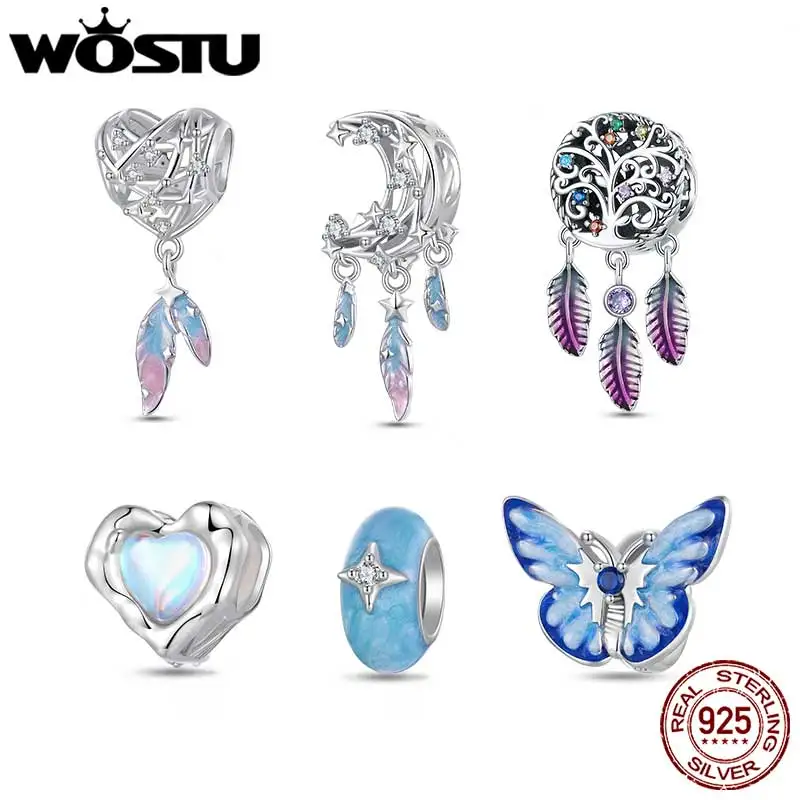 WOSTU 925 zilveren dromerige vlinder siliconen spacer kralen regenboog hart charme maan dromenvanger hanger fit ketting armband DIY