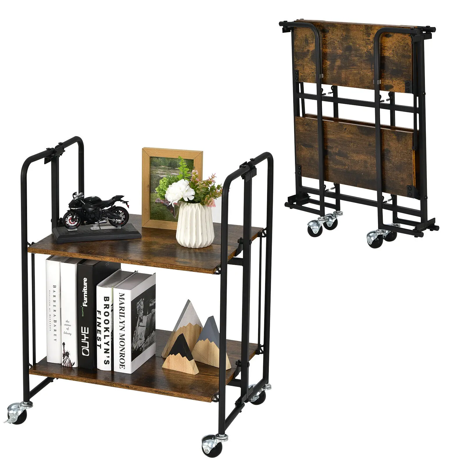 Costway 2-Tier Folding Bar Cart Kitchen Serving Island Utility Cart Storage Shelves