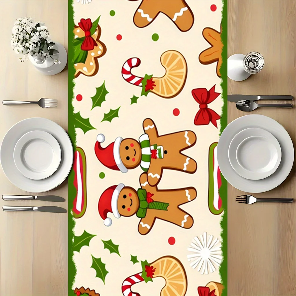 2D‑Printed Gingerbread Candy Xmas Border Table Runner, Decor for Dining Table, Coffee‑Table, Gatherings, Indoor‑Outdoor Parties