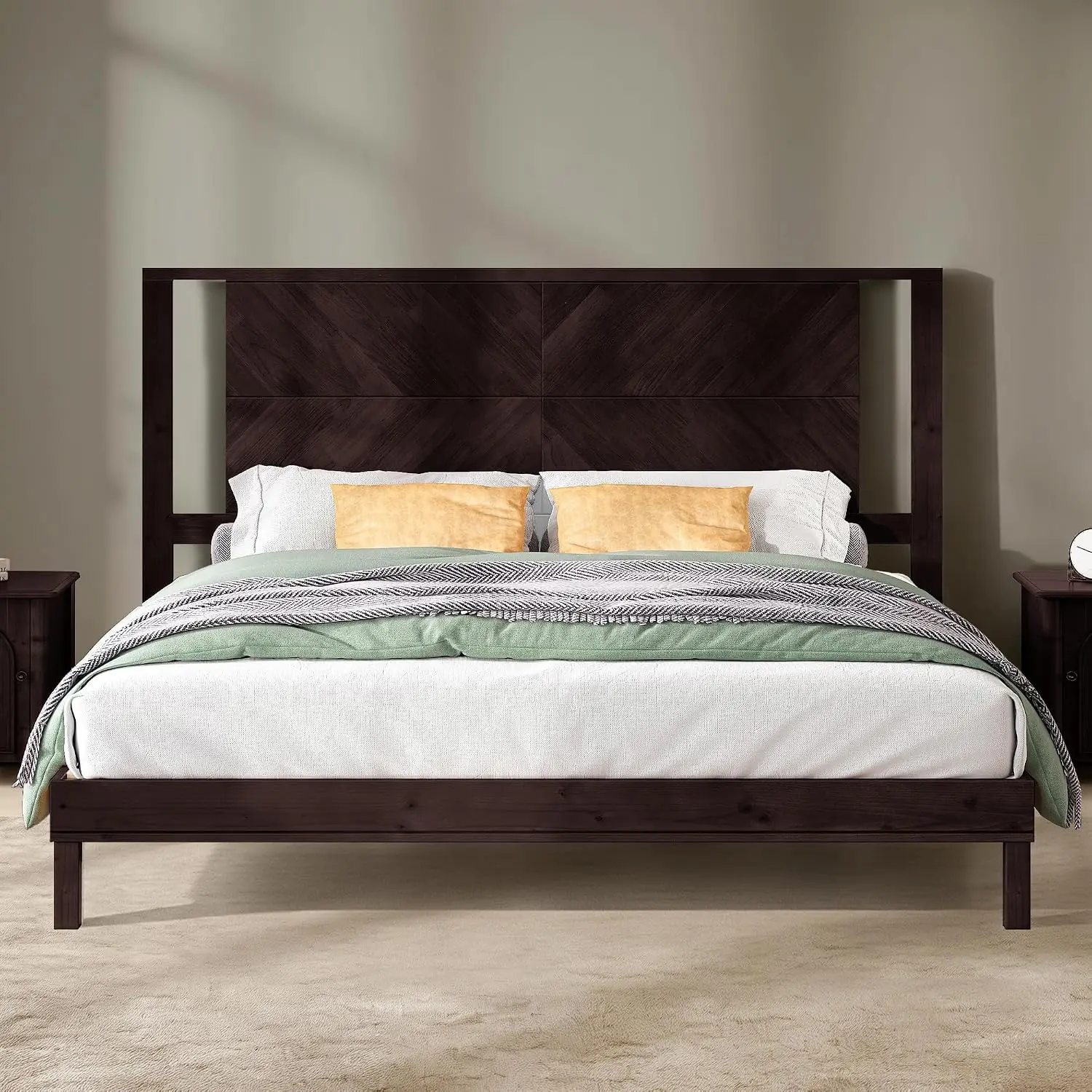 Solid Wood King Size Bed Frame with Headboard, Mid Century Modern Style Platform Bed with Under-Bed Storage, No Box, Custom image 3