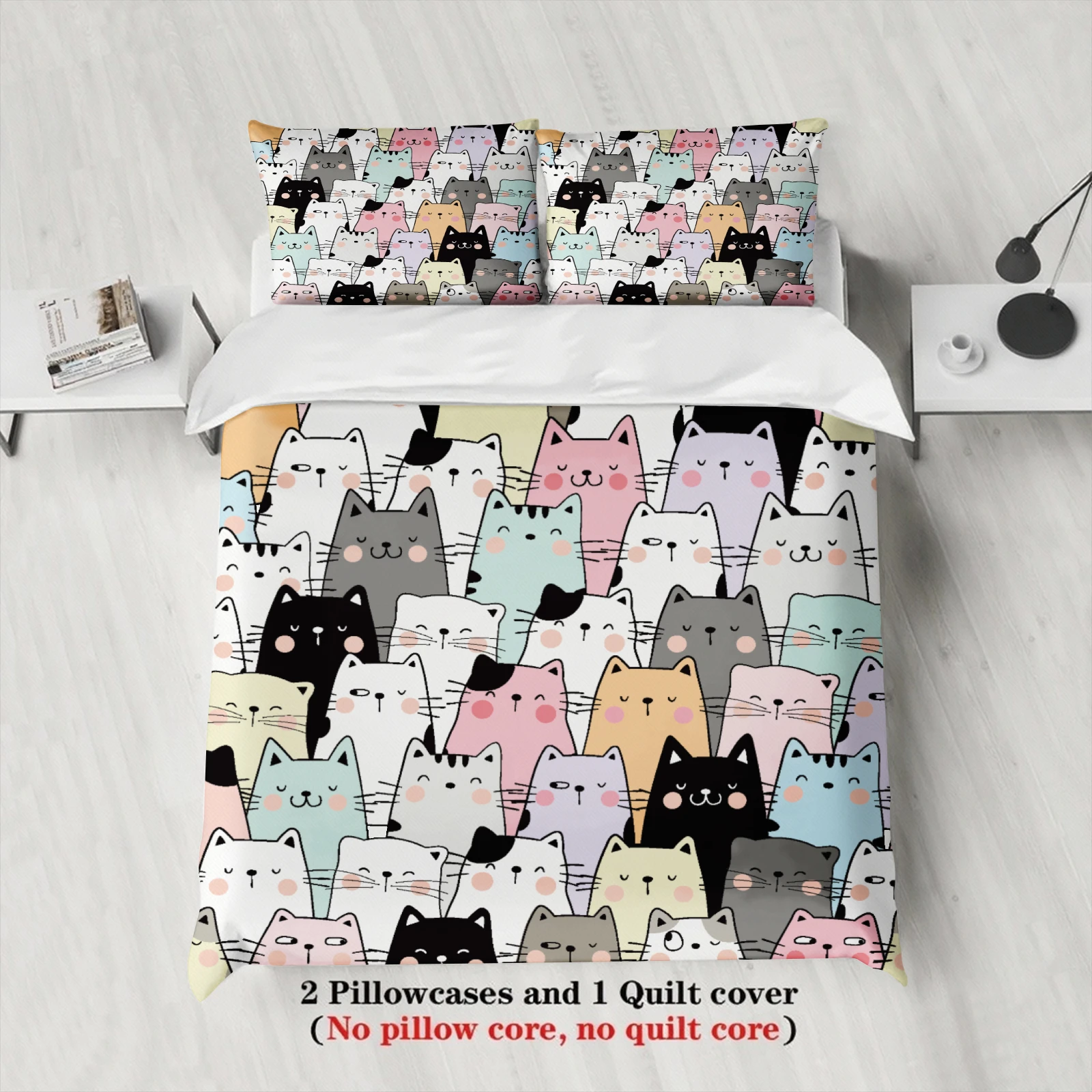 3pcs Cat Pattern Bedding Sets 3D Printed Cute Cartoon Cat Dormitory Twin Size For Students Duvet Cover Sets With 2Pillowcases