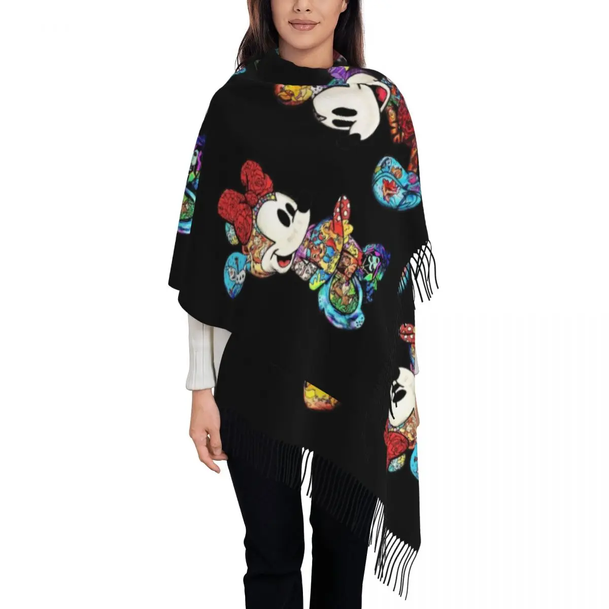 

Custom Mickey Mouse Anime Cartoon Scarf Wrap Women Long Winter Warm Tassel Shawl Unisex Scarves