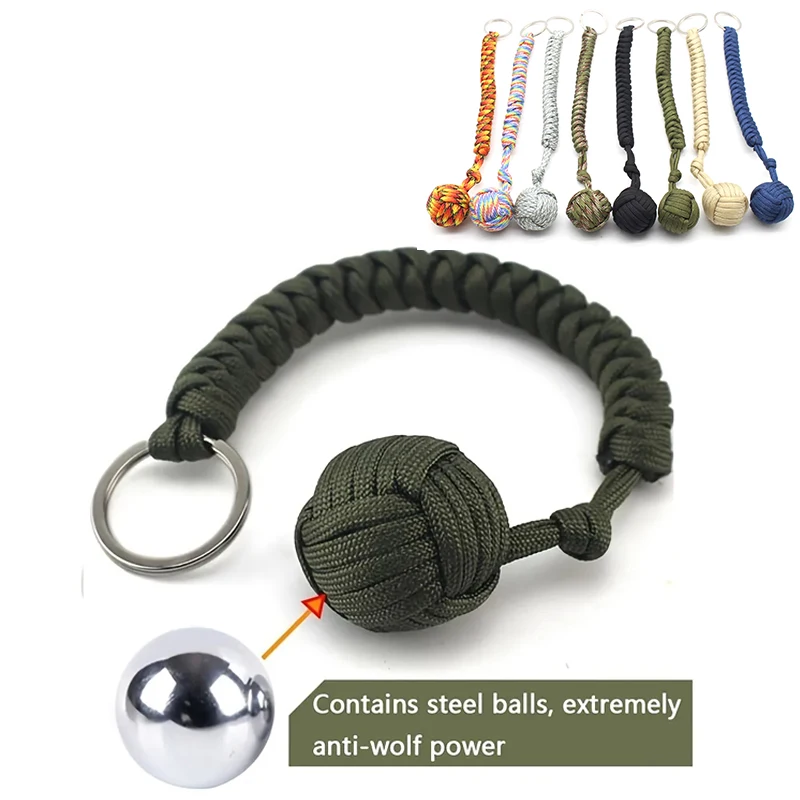 Outdoor Self-Defense Umbrella Rope,Monkey Fist Steel Ball, Paracord Survival Key Chain, Outdoor Safety Protection Accessories