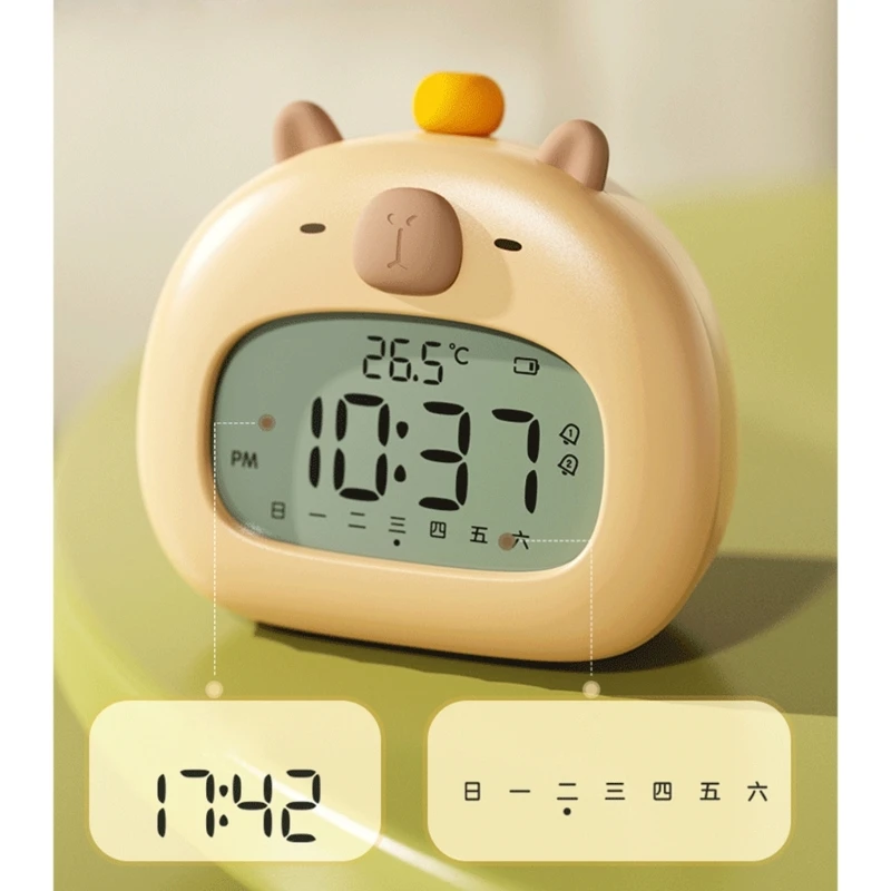 Capybaras Desk Alarm Clock with Soft Glowing LED Nightlight and USB Rechargeable Timers Desktop Decoration