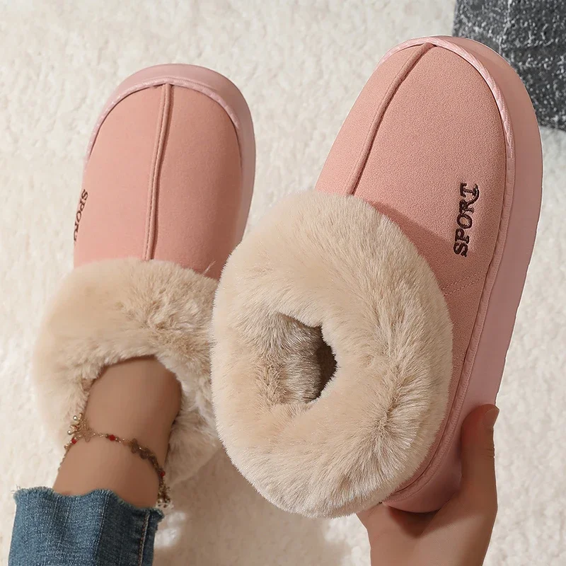 

2024 Pink Faux Fur Winter Boots Women New Faux Suede Short Plush Snow Boots Woman Non Slip Thick Bottom Cotton Padded Shoes 45