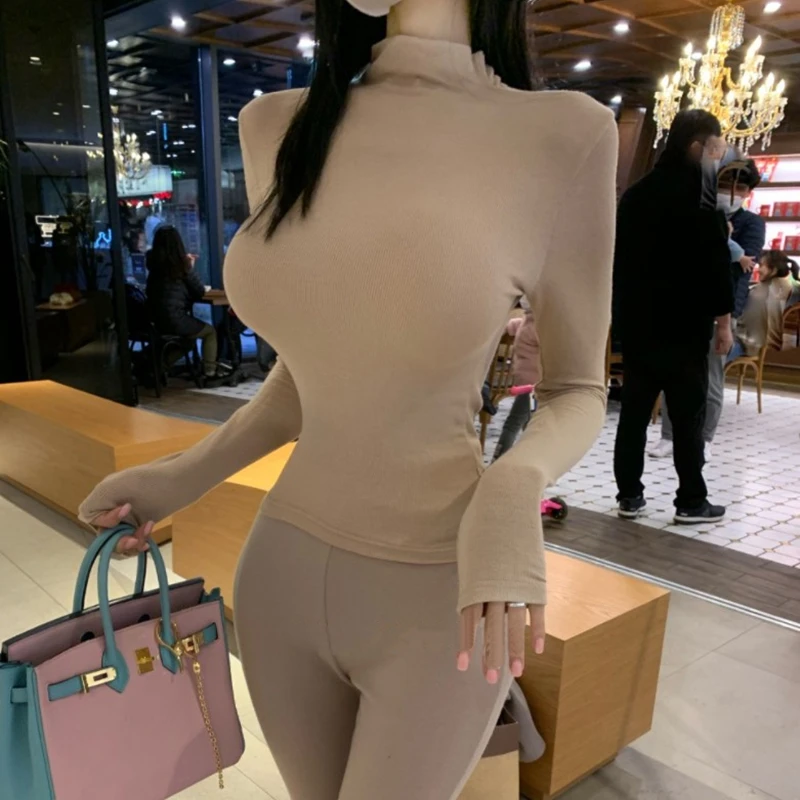 Faionable Bequemes langes Sve-T-Shirt für Damen, Dongda Gate Sle, schlankmachend, hoher Kragen, Basis, irt, koreanisches Pendler-Sle-Co...