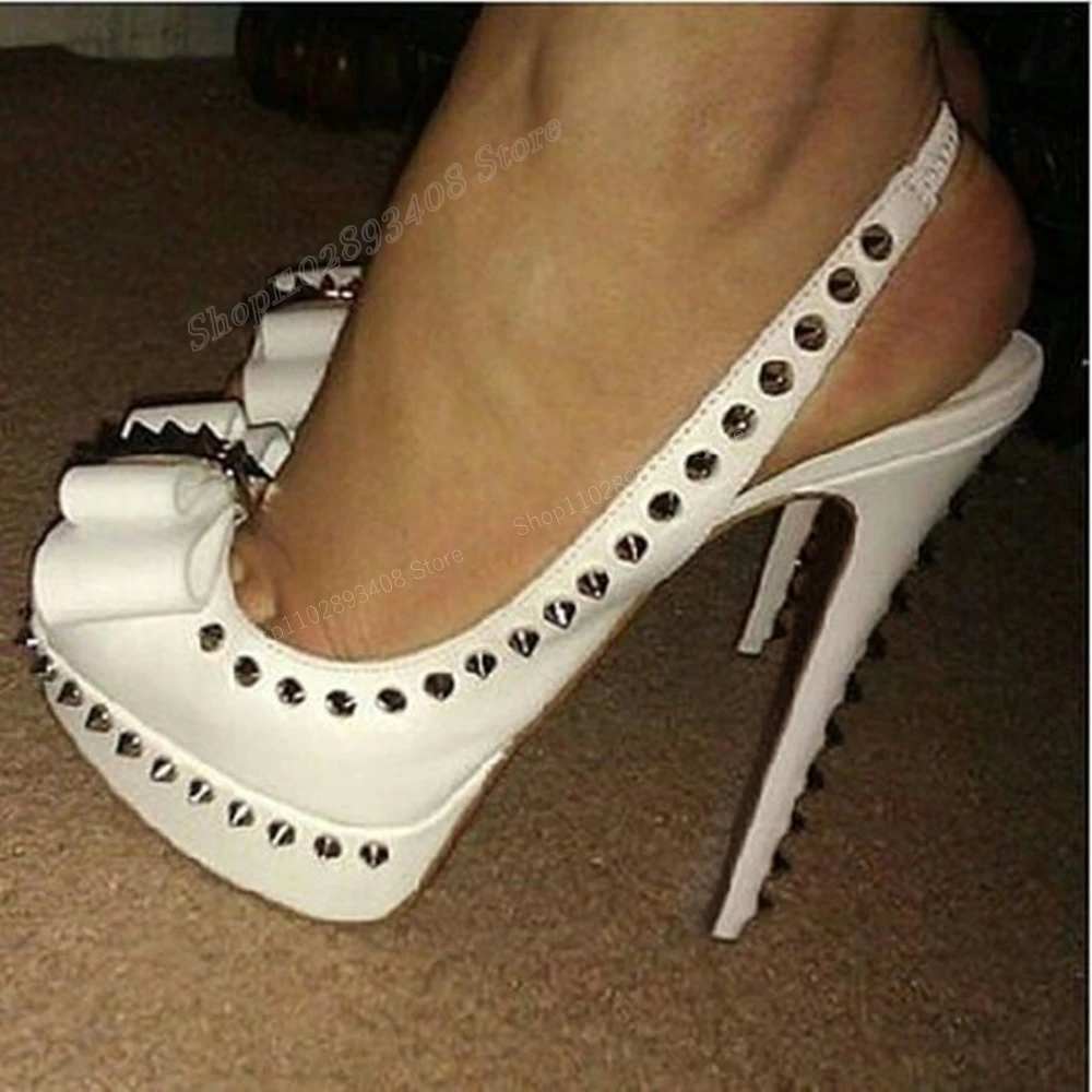 

White Round Rivet Butterfly Knot Pumps Peep Toe Platform Back Strap Stiletto High Heel Women Shoes 2024 Sexy Zapatos Para Mujere