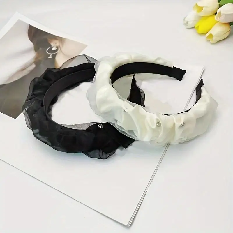 1 шт. женская сетчатая черно-белая широкая повязка для волос с бриллиантами, простая и элегантная для повседневных вечеринок