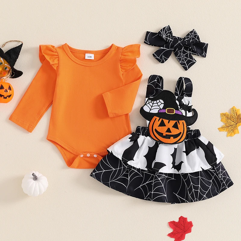 Ropa de Halloween para niña, Pelele de manga larga con volantes, estampado de calabaza/fantasma/murciélago, falda, vestido bonito para recién nacido