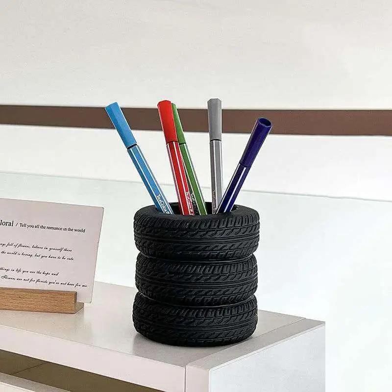 1pcs Fun Tire-Shaped Pen Holder -PVC Desk Organizer, Ideal For School And Office Supplies, Painted Finish, Office Supplies
